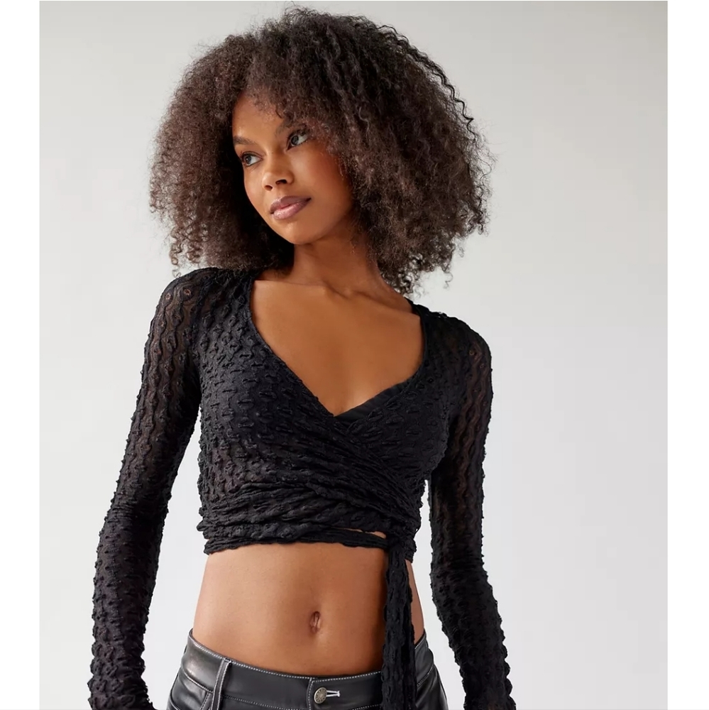 Black wrap front long sleeve crop top